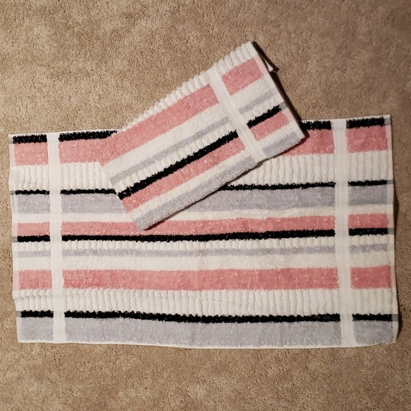Dundee Bath New Nwt 2 Pink Grey Black White Striped Hand Towels 0